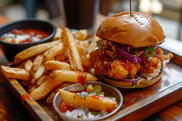 Un festin de frites de poulet et de hamburgers de poulet