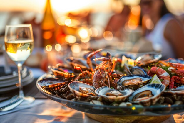 Photo un festin de fruits de mer sur la côte vibrant et appétissant