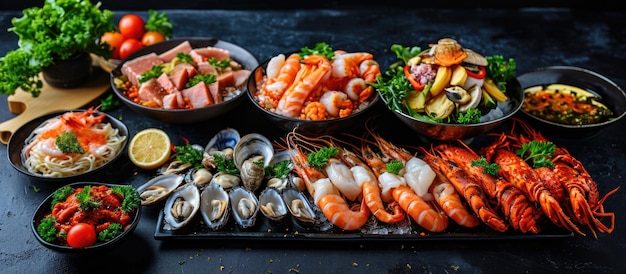 Un festin de fruits de mer avec une variété de crustacés et de poissons