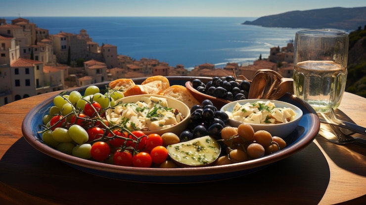 Photo un festin méditerranéen avec une vue sur les îles grecques un délice culinaire