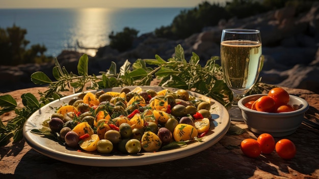 Photo un festin méditerranéen avec vue sur l'océan