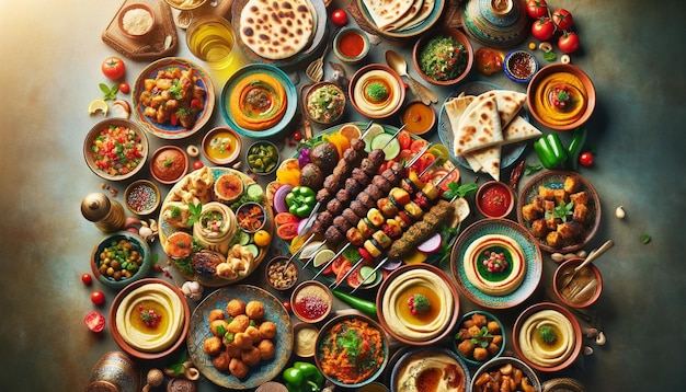 Un festin vibrant du Moyen-Orient avec des kebabs, du houmous et des tabbouleh pour la photographie culinaire culturelle
