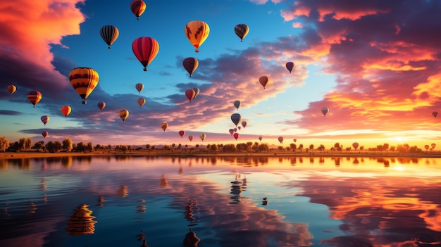 Festival de ballons à air chaud avec un coucher de soleil vibrant en arrière-plan