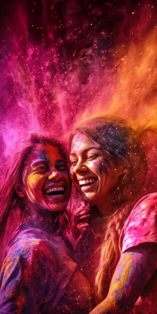 Festival coloré Femmes souriantes dansant dans les couleurs