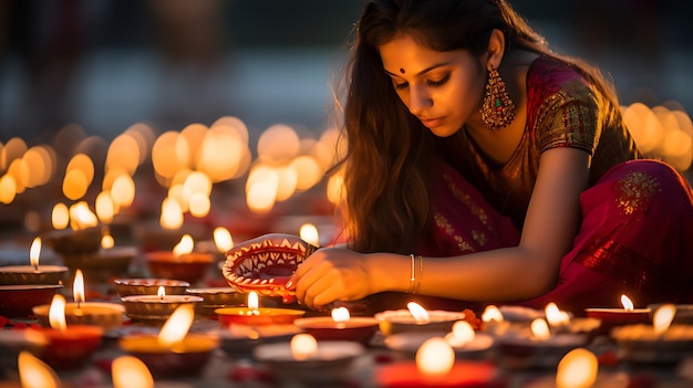 Festival de Diwali La lampe de Diya La jeune femme célèbre le Diwali