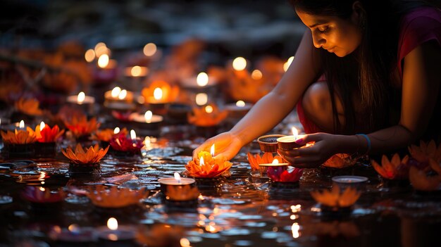 Festival de Diwali La lampe de Diya La jeune femme célèbre le Diwali