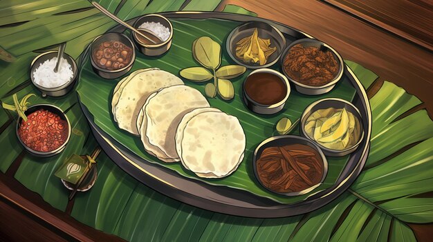 Photo festival du kerala happy onam background avec des plats traditionnels servis sur des feuilles de bananier générées par ai