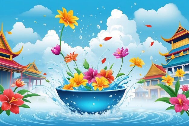 Festival de l'eau de Songkran voyage en Thaïlande fleurs dans un bol d'eau éclaboussure d'eau