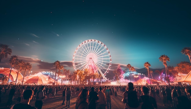 Festival futuriste de Coachella en 2100 concept cyberpunk créatif