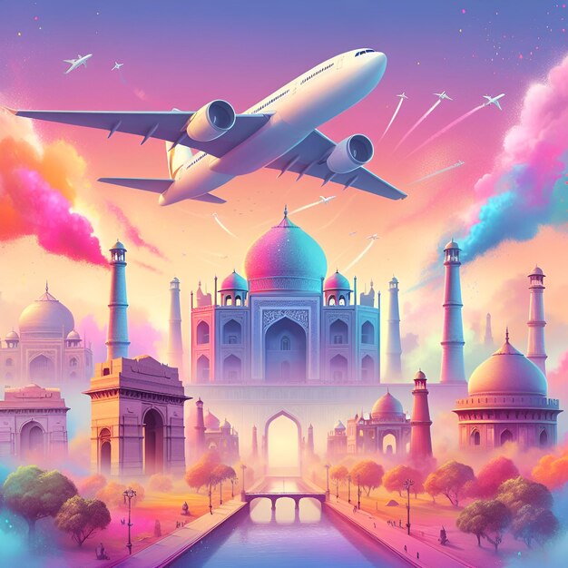 Photo festival indien dans des couleurs pastelles comme le taj mahal et l'avion volant de l'india gate