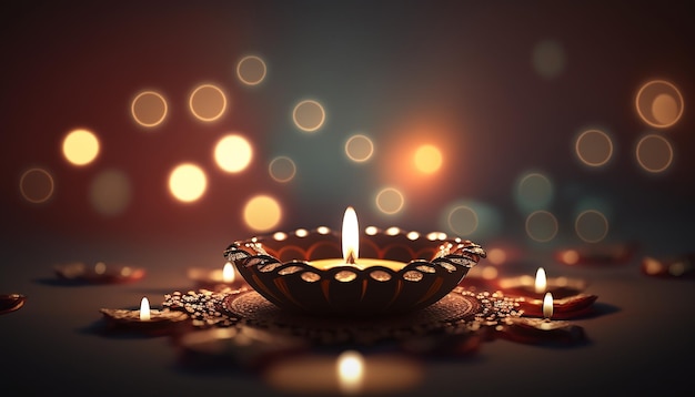 Festival indien Diwali, Diwali diya avec arrière-plan flou, IA générative