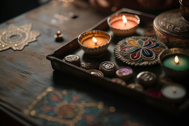 festival indien de diwali, lampe allumée et bougies sur table