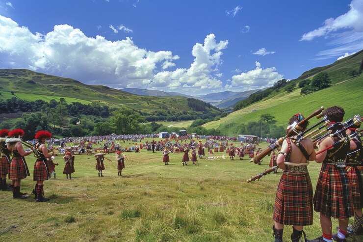 Festival des jeux des Highlands en Écosse avec des athlètes en kilts tartan et de la musique de cornemuse contre les collines vertes