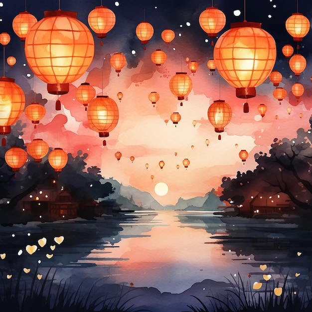 Festival des lanternes à l'aquarelle du Nouvel An chinois