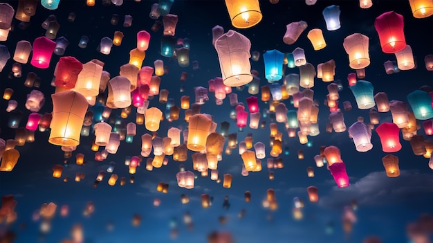 Festival des lanternes arrière-plan Festival de Shangyuan Chine Lanternes magiques volantes dans le ciel coloré