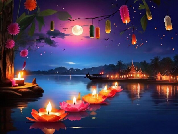 Le festival de Loy Krathong avec des bougies colorées