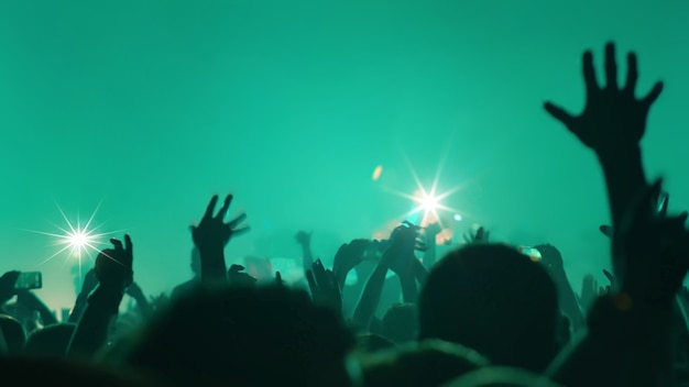 Festival de musique de concert et célébrez la silhouette de la foule, les gens sont joyeux et applaudissent