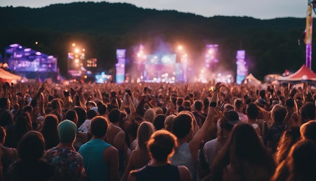 Photo un festival de musique en plein air animé avec une foule de danse sur scène et des lumières colorées en détail