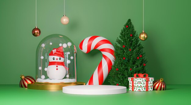 Festival de Noël et du Nouvel An avec studio de podium rond réaliste avec support pour montrer le produit Vitrine de scène sur fond rose illustration de rendu 3d