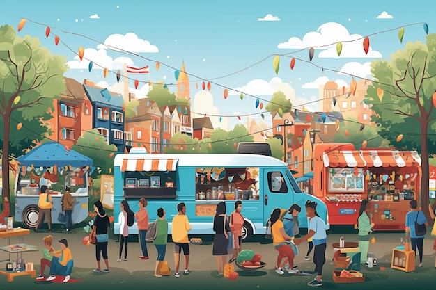 Festival de nourriture de rue avec des gens et des camions de nourriture par generative Ai