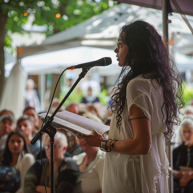 Festival de poésie Évènement Femme s'exprimant au microphone