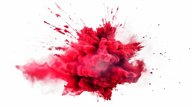 Un festival de poudre de couleur de peinture holi rouge vif éclate une explosion isolée sur fond blanc ai générative