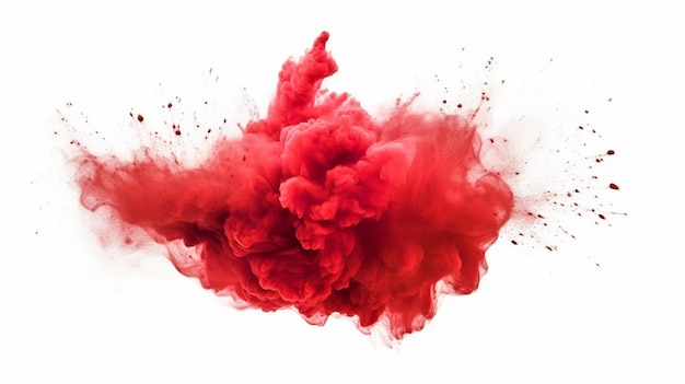 Un festival de poudre de couleur de peinture holi rouge vif éclate une explosion isolée sur fond blanc ai générative