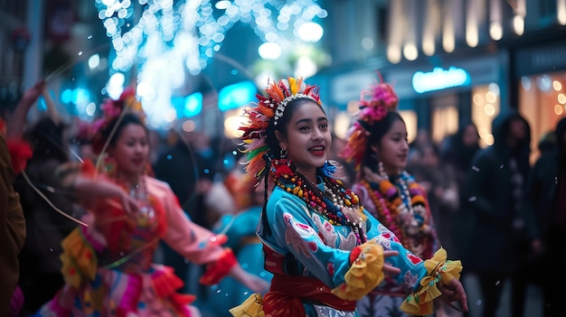 Festival de rue dynamique avec des danseurs en costumes colorés capturant la joie et la culture dans un défilé animé idéal pour la promotion d'événements AI