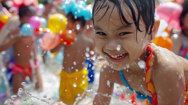 Festival de Songkran du point de vue d'un enfant vue au niveau des yeux des combats d'eau