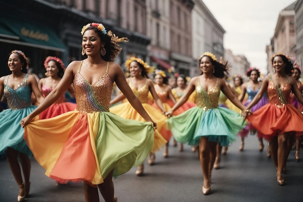 Festivités colombiennes Un groupe de danseurs danse dans un défilé l'un d'eux a une robe arc-en-ciel