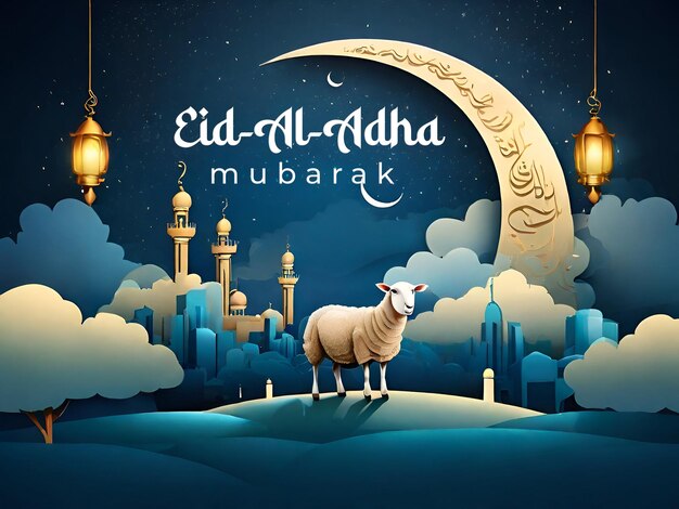 Fête de l'Aïd Al Adha Post sur les médias sociaux Carte de vœux avec un mouton et un chameau sacrifiésEid Muba