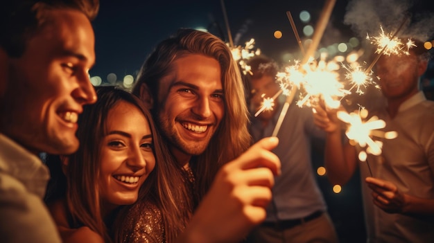 Fête avec des amis Groupe de jeunes joyeux portant des étincelles et des flûtes de champagne