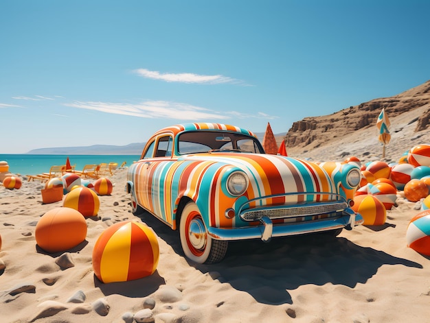 Une fête animée sur la plage avec des balles de plage colorées et des planches de surf