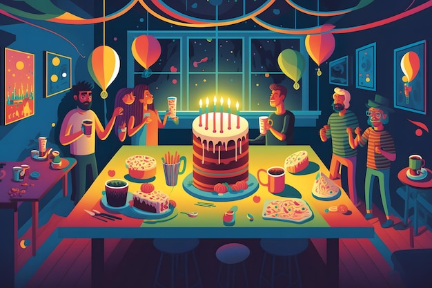 Fête d'anniversaire avec des amis et un gâteau Réseau de neurones généré par l'IA