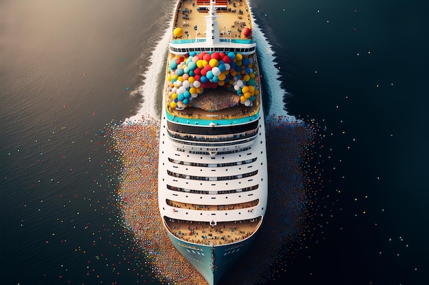 Fête d'anniversaire avec des ballons sur une vue de dessus de bateau de croisière