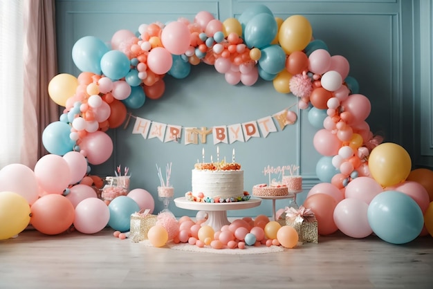 Fête d'anniversaire de célébration avec illustration de gâteau et de ballons