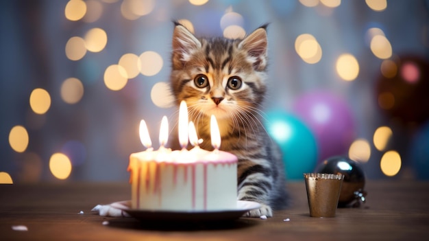 Fête d'anniversaire de chat Célébration de chaton avec gâteau Belle image d'illustration AI générative