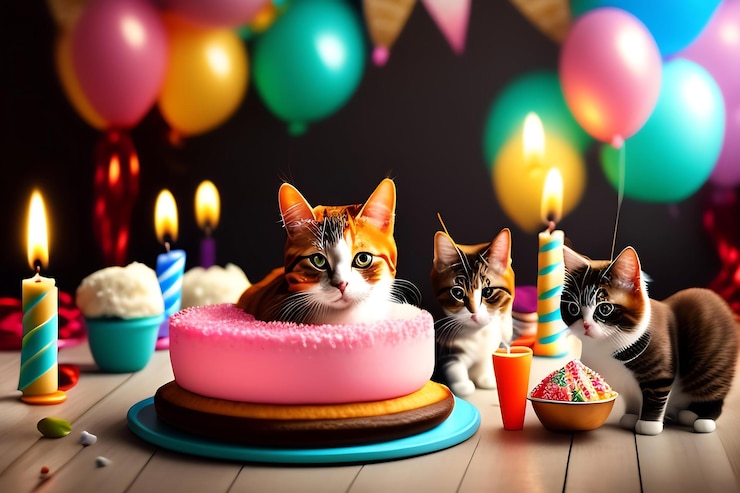 Photo fête d'anniversaire de chat célébration de chaton avec gâteau, glace et bougies fête pour animaux de compagnie fêtard