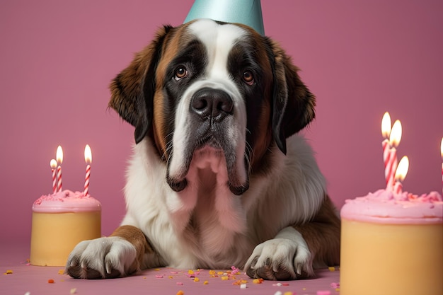 Fête d'anniversaire du chien Un chien à côté d'un gâteau avec des bougies Carte postale Espace pour l'image texte générée par l'IA