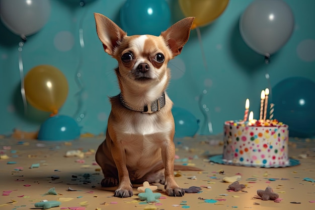 Photo fête d'anniversaire du chien un chien à côté d'un gâteau avec des bougies carte postale espace pour l'image texte générée par l'ia