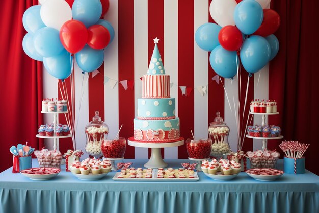 Fête d'anniversaire des enfants avec gâteau et cadeaux