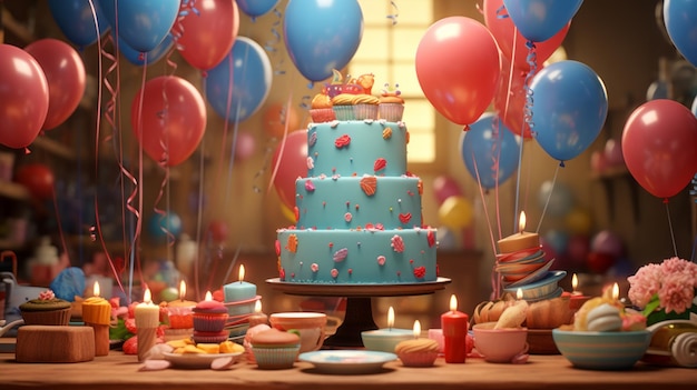 Fête d'anniversaire avec gâteau et ballons