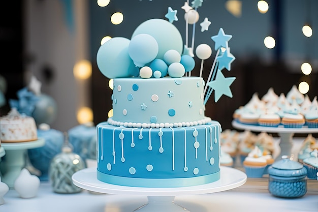 Fête d'anniversaire avec gâteau fondant bleu
