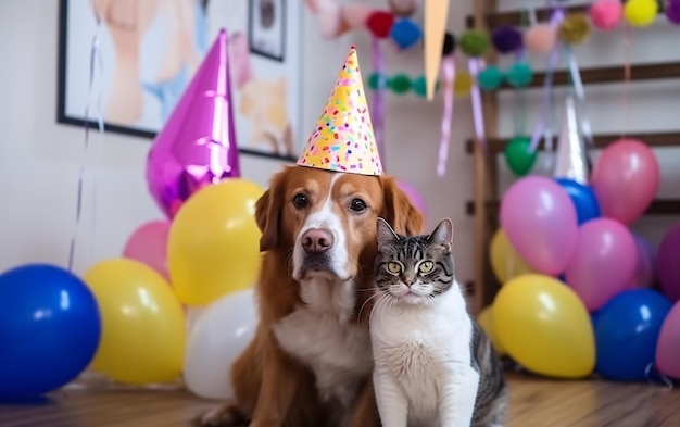 Fête d'anniversaire pour animaux de compagnie chat et chien dans une casquette d'anniversaire portant un chapeau dans un intérieur de maison générative ai