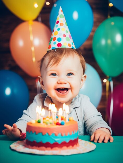 Photo fête d'anniversaire pour un enfant de un an aux cheveux roux et aux cheveux de bébé très courts