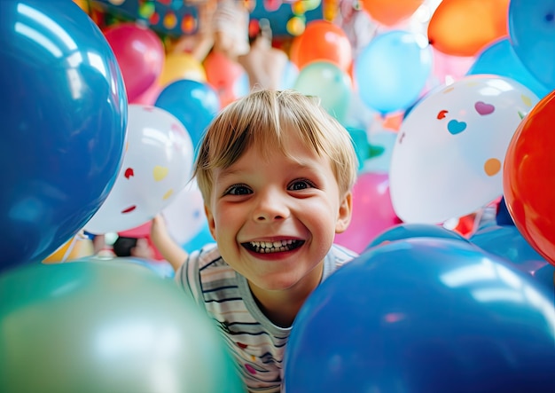 Une fête d'anniversaire pour enfants amusante dans une salle de jeux colorée avec des ballons confetti vibrants et