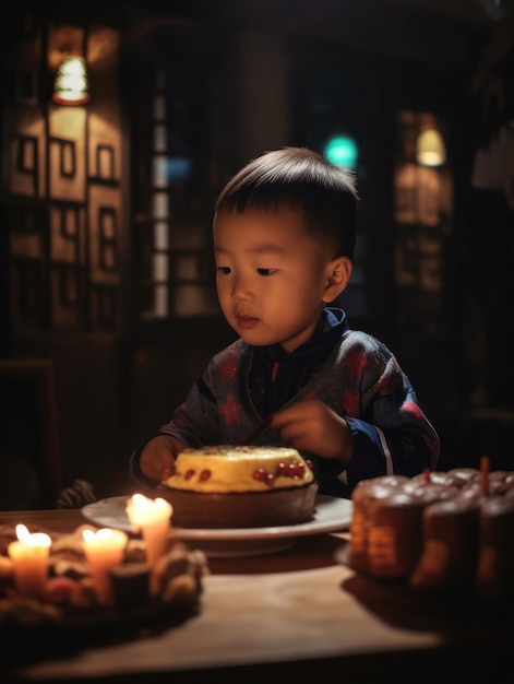 Fête d'anniversaire pour enfants enfant soufflant des bougies sur le gâteau et ouvrant des cadeaux thème arc-en-ciel pastel célébrer