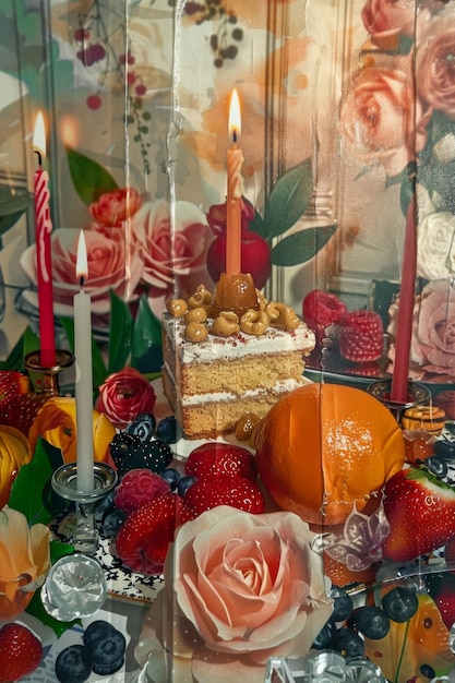 Une fête d'anniversaire rétro des années 80 inspirée par l'art du collage célébrant avec des bougies de gâteau et des douces surprises