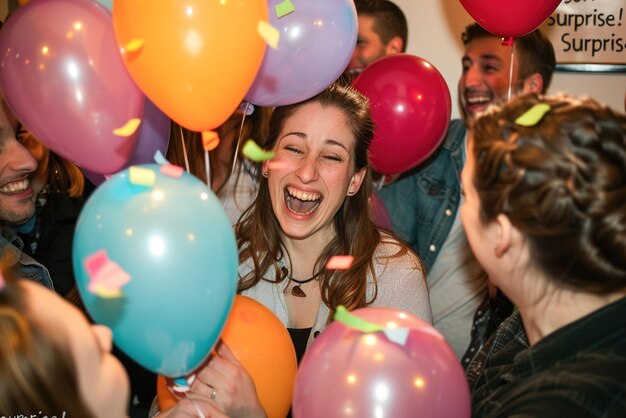 Photo fête d'anniversaire surprise ballons de confetti amis qui crient surprise des sourires et des câlins abondent pour célébrer