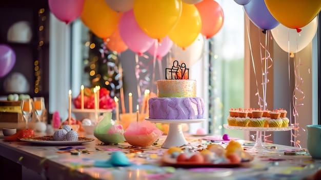 Fête d'anniversaire avec une table pleine de bonbons bougies ballons cupcakes confettis et un gâteau d'anniversaire ai générative